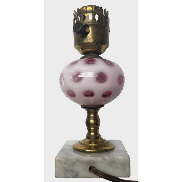 Vtg Fenton Cranberry Coin Dot Opalescent Marble Base Lamp Electric Marble Base - Picture 4 of 16